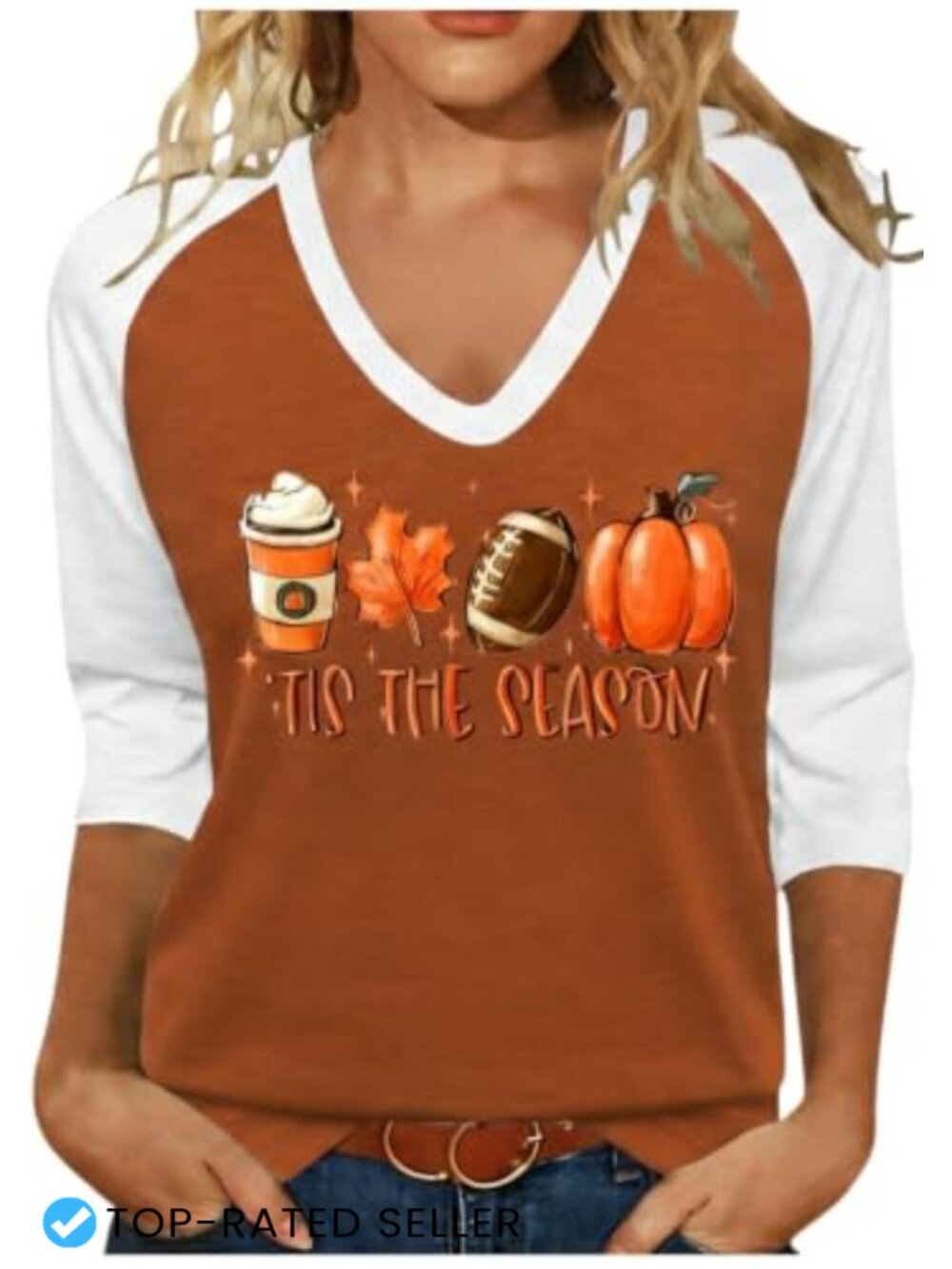 Women's 3/4 Sleeve V-Neck Color Block Fall Graphic Tee Cotton Blend